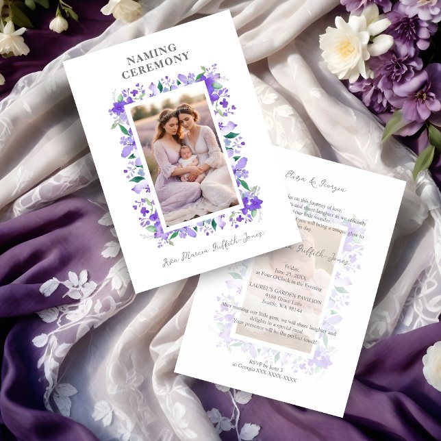 Romantic Floral Frame Purple Shades 2 Photos  Invitation (Romantic Floral Frame in Purple Shades with 2 Photos Naming Ceremony Template Invitation Card. )