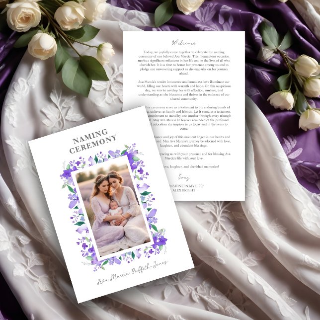 Romantic Floral Frame Purple Shades 2 Photos  Program (Romantic Floral Frame in Purple Shades with 2 Photos Naming Ceremony Template Program Card.)