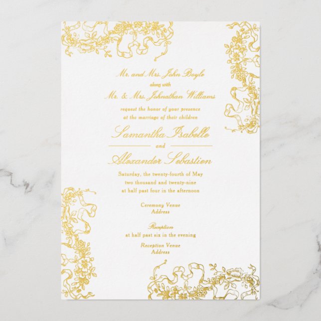 Romantic Floral French Rococo Both Parents Wedding Foil Invitation (Front)