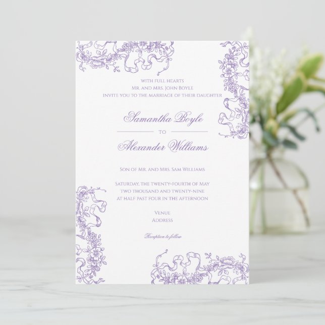 Romantic Floral French Rococo Lavender Wedding Invitation (Standing Front)