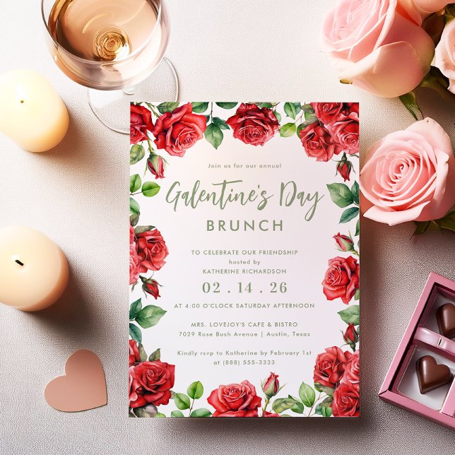 Romantic Floral Galentine's Day Brunch Red Roses Invitation (Creator Uploaded)