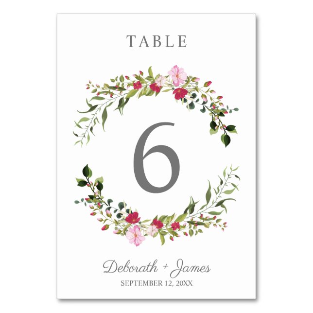 Romantic Floral Garland in Pink & Red for Wedding Table Number (Back)