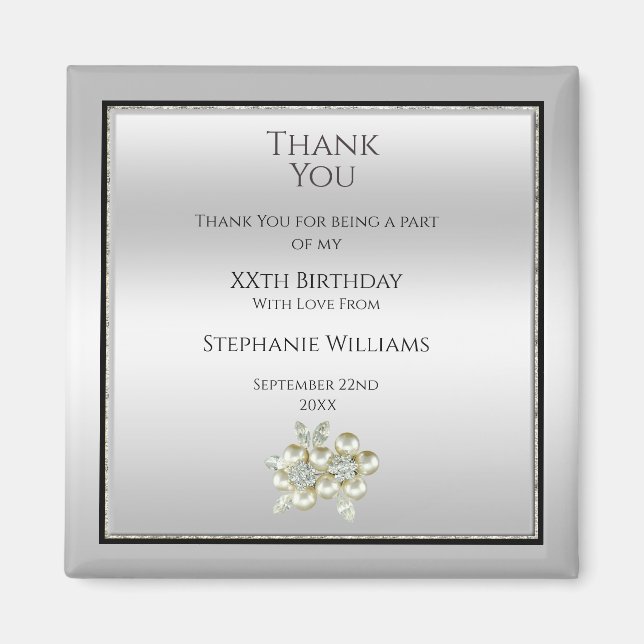 Romantic Floral Gem, Silver & Black Birthday Favor Magnet (Front)