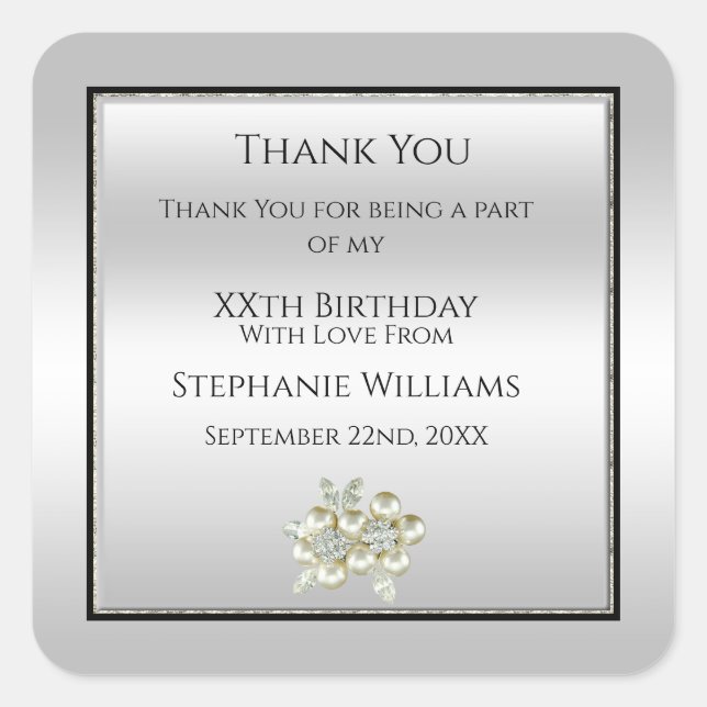 Romantic Floral Gem, Silver & Black Birthday Favor Square Sticker (Front)