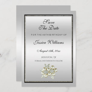 Romantic Floral Gem, Silver & Black  Birthday Save The Date