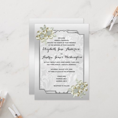 Romantic Floral Gem Silver Framed Silver Wedding Invitation