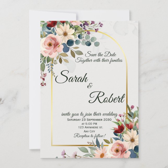 Romantic Floral Gold Arch Wedding Save The Date Invitation (Front)