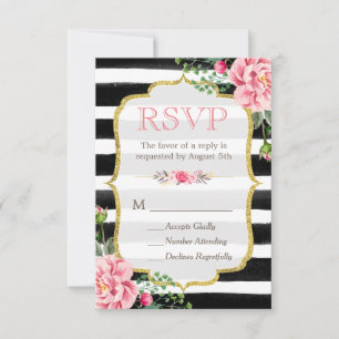 Romantic Floral Gold Glitter B&W Striped RSVP Card