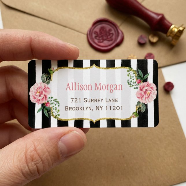 Romantic Floral Gold Glitter Black White Stripes Label (Creator Uploaded)