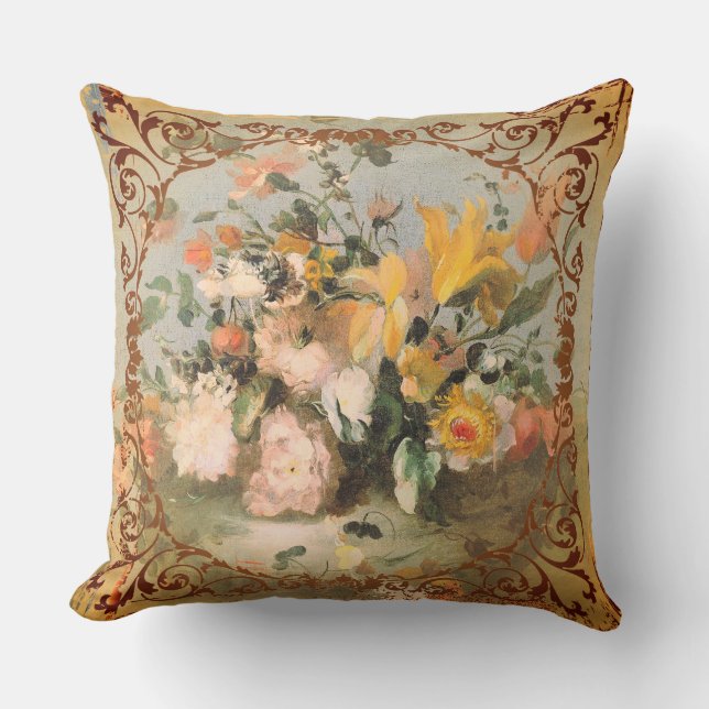 Romantic Floral Gold Tones Throw Pillow (Front)