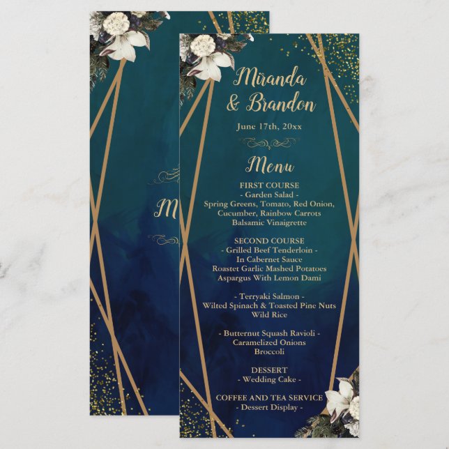 Romantic Floral Gold Wreat Wedding Menu Card (Front/Back)