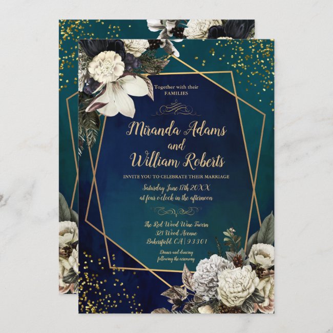 Romantic Floral Gold Wreath Confetti Wedding Invitation