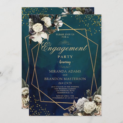 Romantic Floral Gold Wreath Engagement Party Invitation