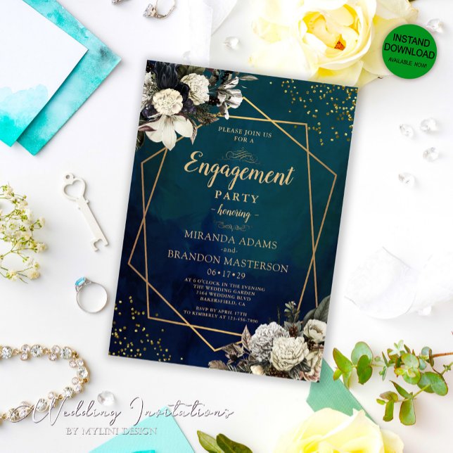 Romantic Floral Gold Wreath Engagement Party Invitation (Creator Uploaded)