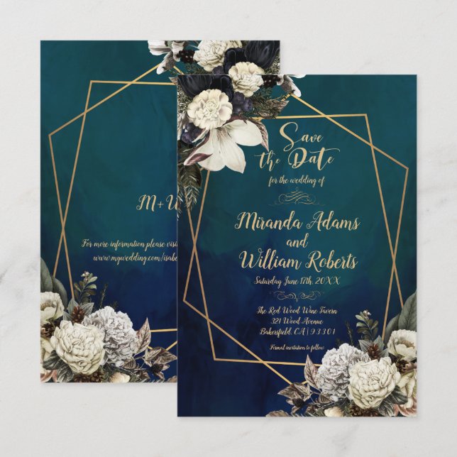 Romantic Floral Gold Wreath Save the Date Wedding Invitation (Front/Back)