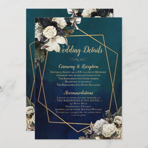 Romantic Floral Gold Wreath Wedding Details Card