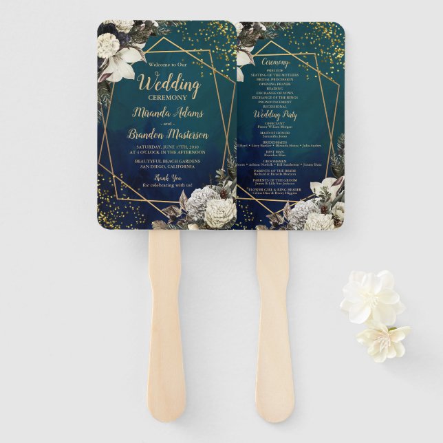 Romantic Floral Gold Wreath Wedding Program Hand Fan (Front and Back)