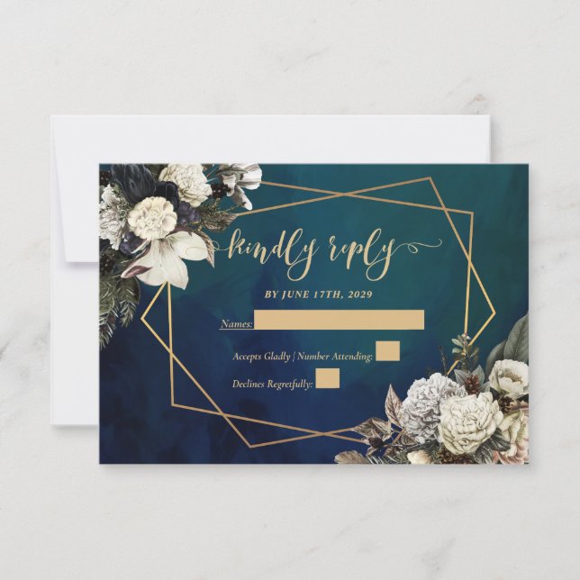 Romantic Floral Gold Wreath Wedding RSVP card (Front)