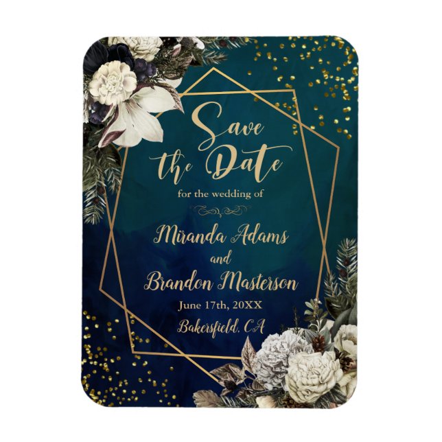 Romantic Floral Gold Wreath Wedding Save the Date Magnet (Vertical)