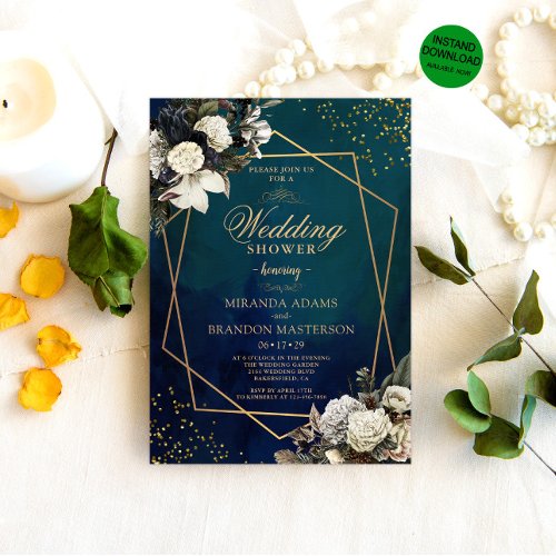 Romantic Floral Gold Wreath Wedding Shower Invitation