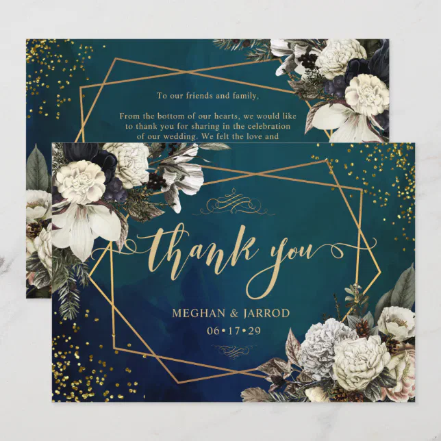 Romantic Floral Gold Wreath Wedding Thank You Card | Zazzle