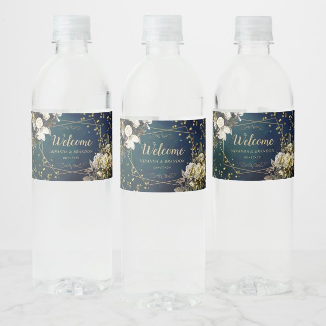 Romantic Floral Gold Wreath Wedding Water Bottle Label (Bottles)