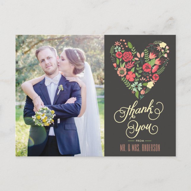 Romantic Floral Heart Photo Thank You Postcard (Front)