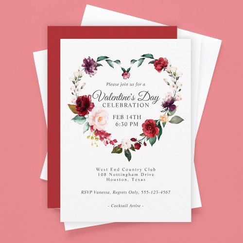 Romantic Floral Heart Valentines Day Celebration Invitation