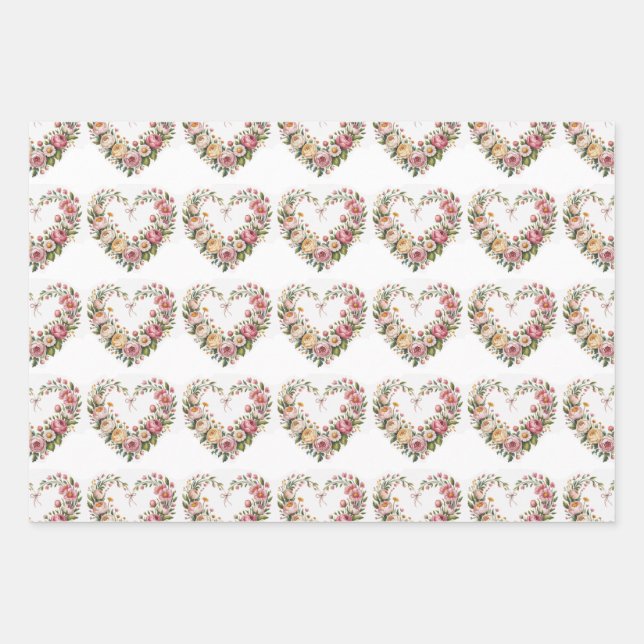 Romantic Floral Hearts, Boho Neon Wolf, Valentine  Wrapping Paper Sheets (Front)