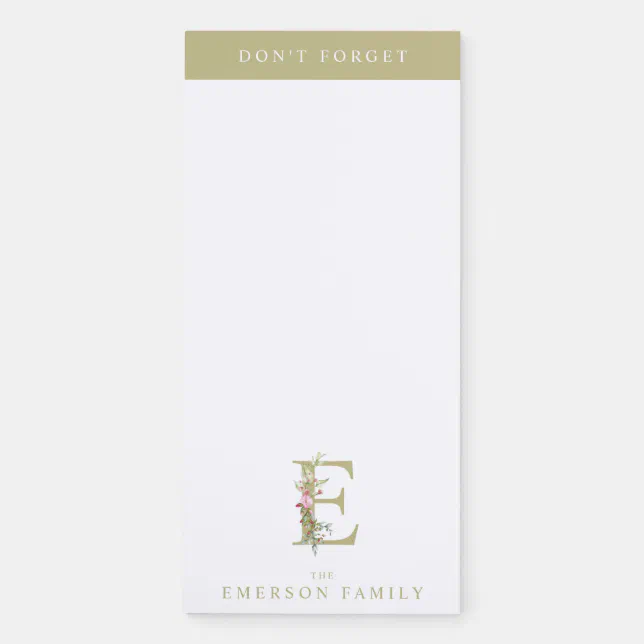 Romantic Floral Initial as Golden Family Monogram Magnetic Notepad | Zazzle