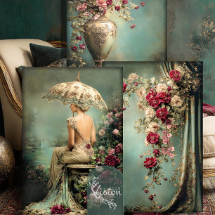Romantic Floral, Lady & a Parasol, Matching Set Wrapping Paper Sheets