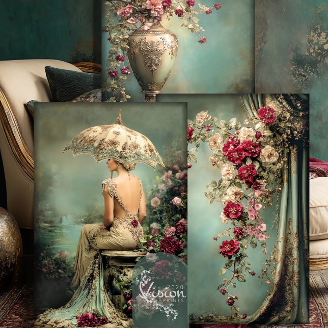 Romantic Floral, Lady & a Parasol, Matching Set Wrapping Paper Sheets (Romantic Floral Sage Green and Crimson Pink, Lady & a Parasol, Matching Heavyweight Decoupage)