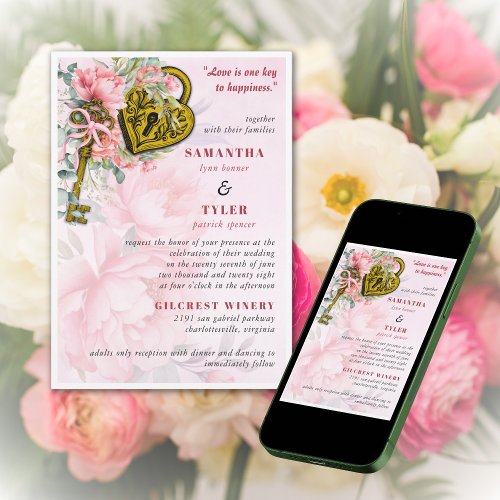 Romantic Floral Lock and Key Wedding Invite