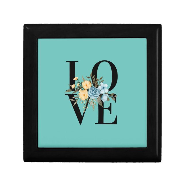 Romantic Floral Love Letters Font Teal and Yellow  Gift Box (Front)