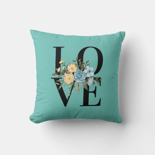 Romantic Floral Love Letters Font Teal and Yellow  Throw Pillow