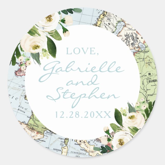 Romantic Floral Map Travel Theme Favor Label (Front)