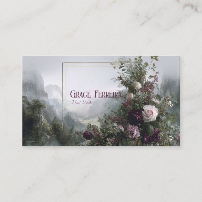 Romantic Floral Misty Mountain Valley Gold Frame Business Card (Front)