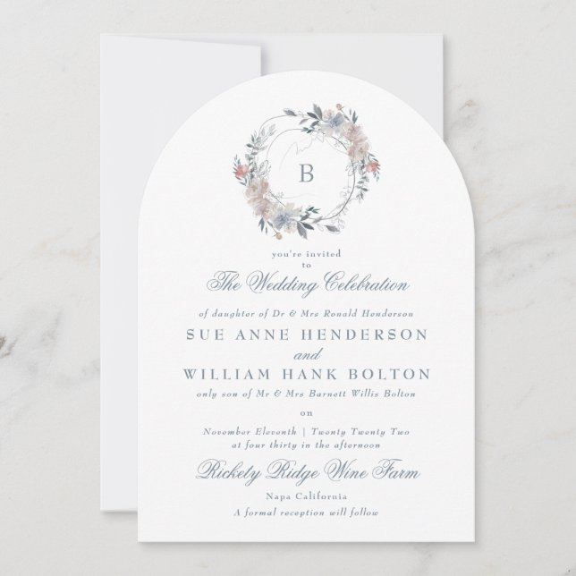Romantic Floral Monogram Wreath Arch Wedding Invitation (Front)