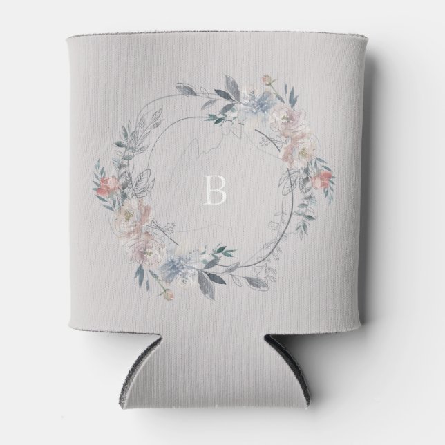 Romantic Floral Monogram Wreath Wedding Can Cooler (Front)