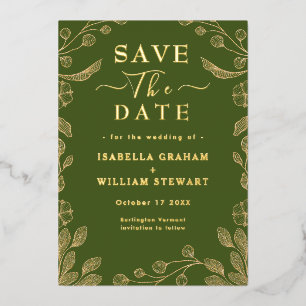 Romantic Floral Moss Green Wedding Save The Date Foil Invitation