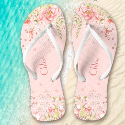 Romantic Floral Name Pink Flip Flops