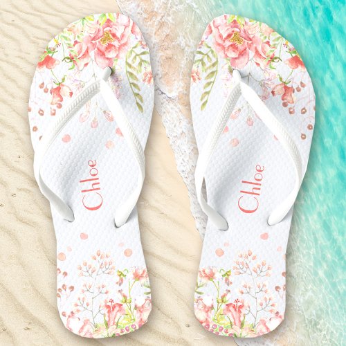 Romantic Floral Name White Pink Flip Flops