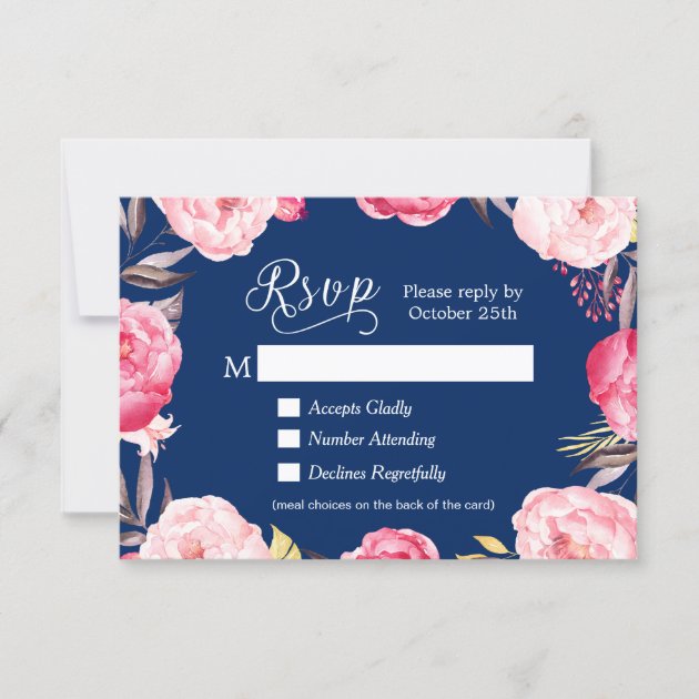 Romantic Floral Navy Blue Meal Choices RSVP Reply