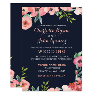 Romantic Floral Navy Blue Peach Wedding invitation