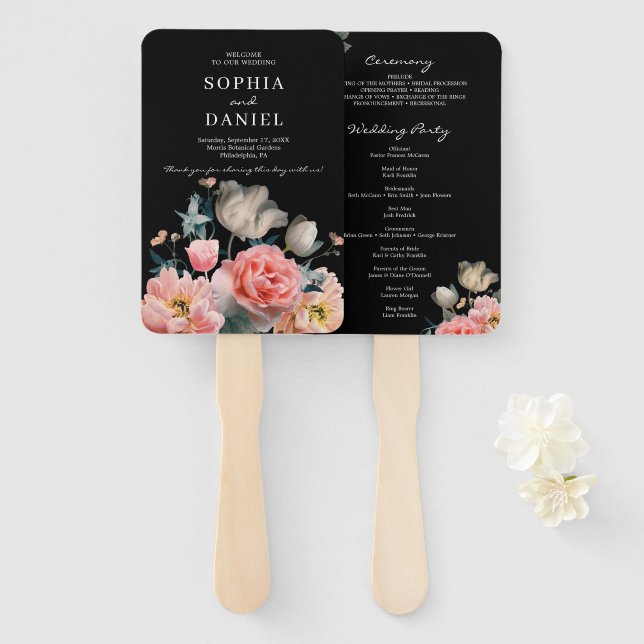 Romantic Floral Painted Wedding Program Fan (Front and Back)