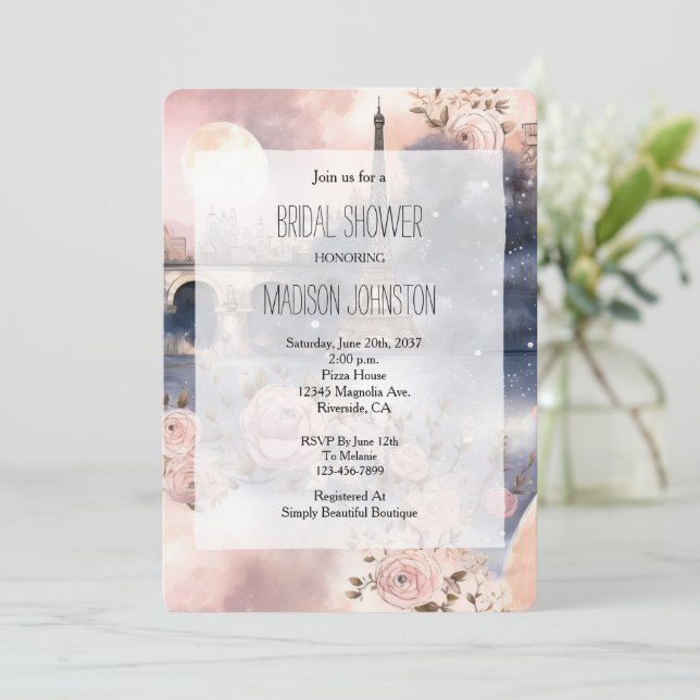 Romantic Floral Paris Eiffel Tower Bridal Shower Invitation (Standing Front)