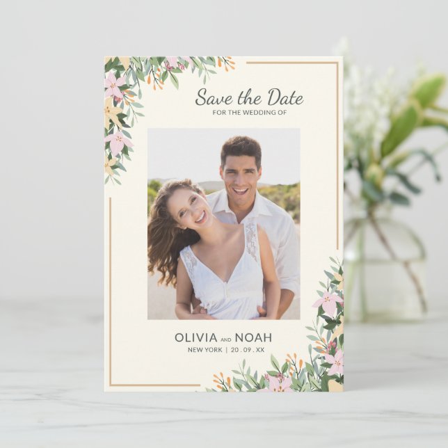 Romantic Floral Photo Save the Date (Standing Front)