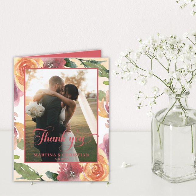 Romantic Floral Photo  Wedding Folded Thank You Card (Creator Uploaded)