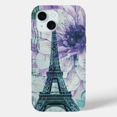 romantic floral postmark paris eiffel tower iPhone 15 case