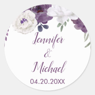 Romantic Floral Purple Silver Personalize Wedding Classic Round Sticker